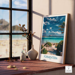 Formentera Spain Art Print | Tropical Beach Travel Poster displayed on a wooden table with a beach view in the background.