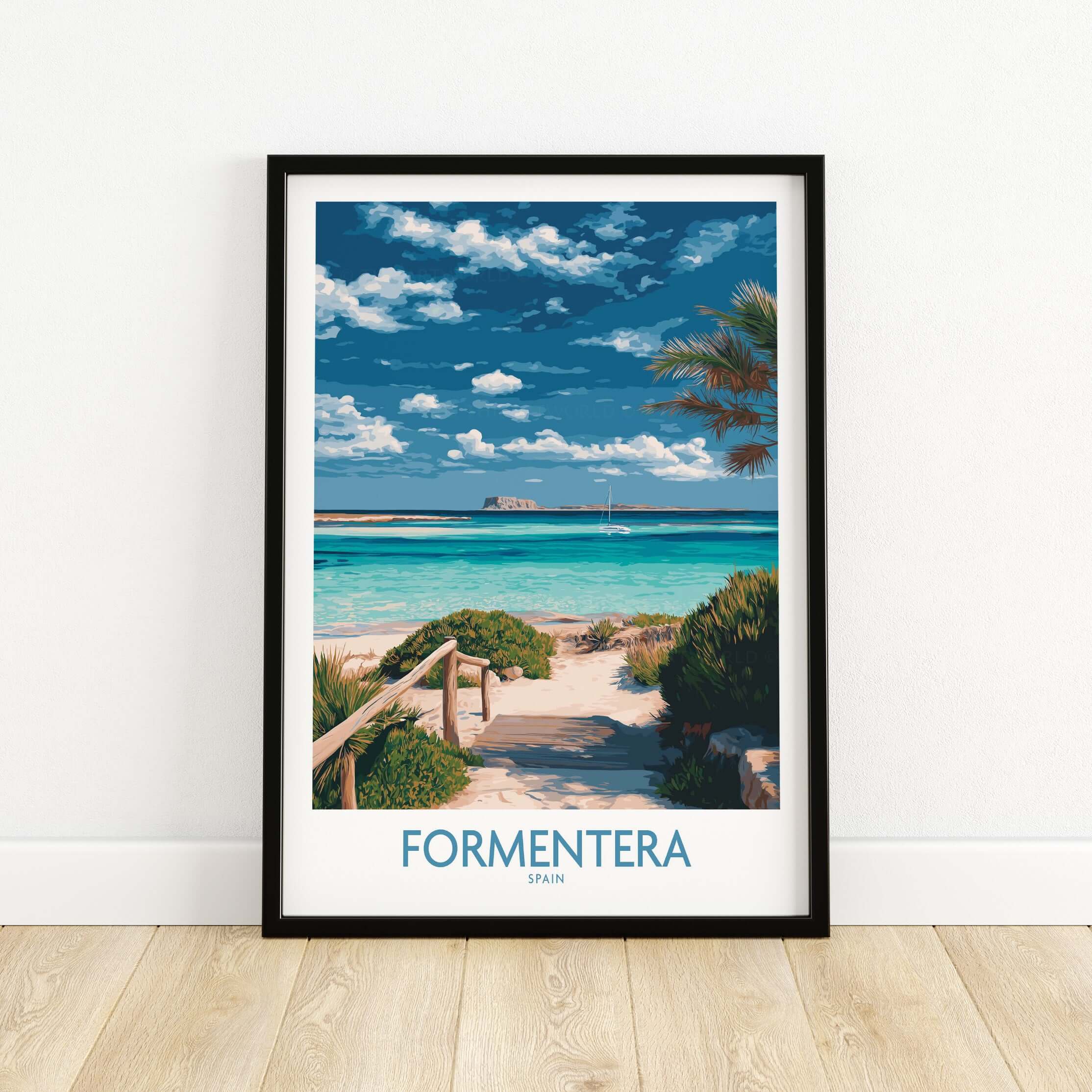 Formentera Spain Art Print | Tropical Beach Travel Poster showcasing a vibrant beach view with palm trees and clear waters.