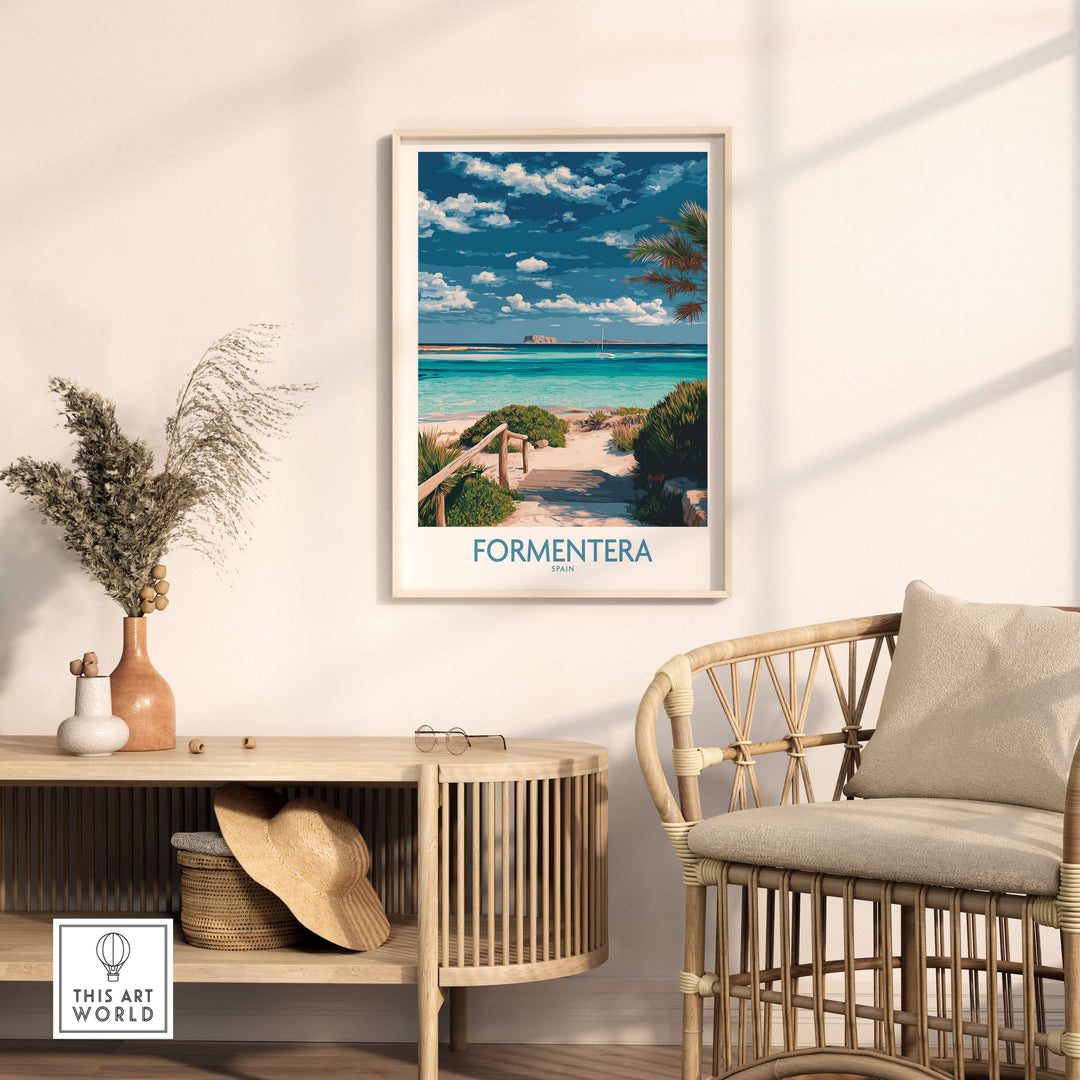 Formentera Spain Art Print | Tropical Beach Travel Poster displayed in a modern living room setting.