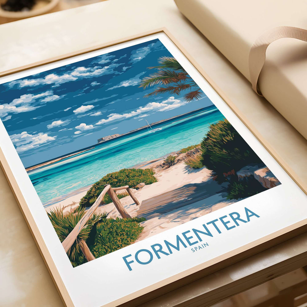 Formentera Spain Art Print | Tropical Beach Travel Poster showcasing a serene beach pathway and vibrant blue waters.