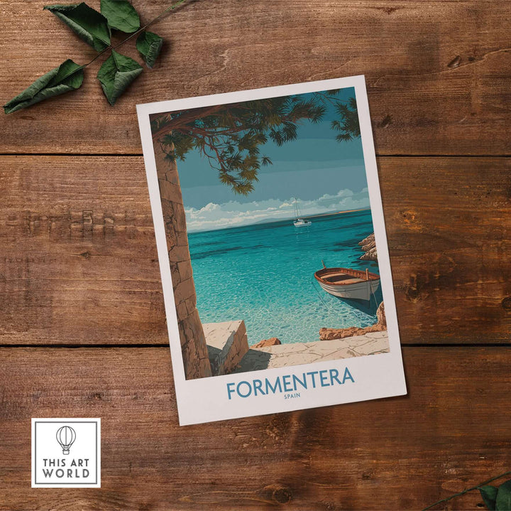 Formentera Spain Art Print | Beach Poster featuring a serene coastal scene with turquoise waters and a boat.