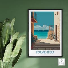 Formentera Spain Art Print | Balearic Coastal Decor Poster showcasing a beautiful coastal scene with a bike.