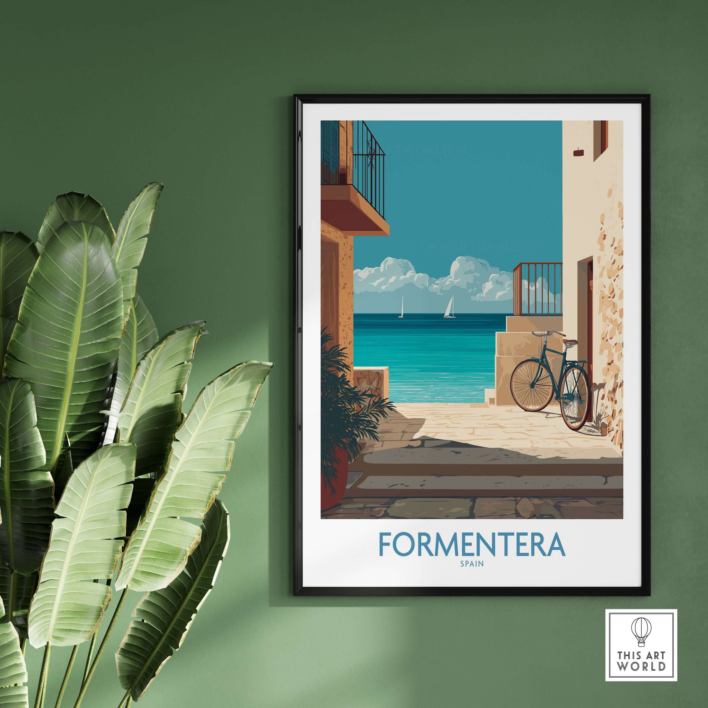 Formentera Spain Art Print | Balearic Coastal Decor Poster showcasing a beautiful coastal scene with a bike.