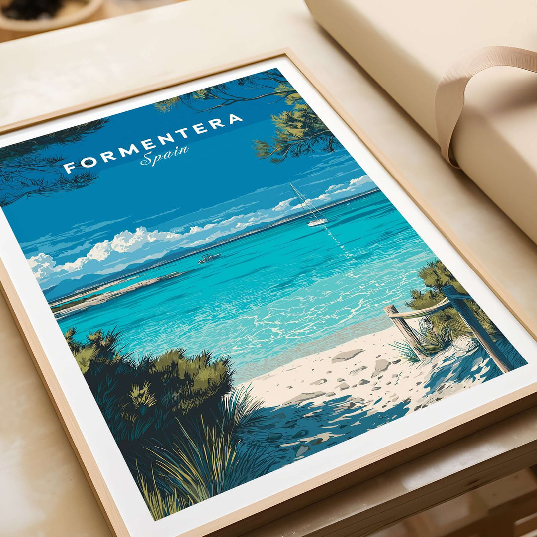Formentera Balearic Clear Sea Landscape Print | Coastal Home Wall Art displayed with turquoise waters and serene beach.