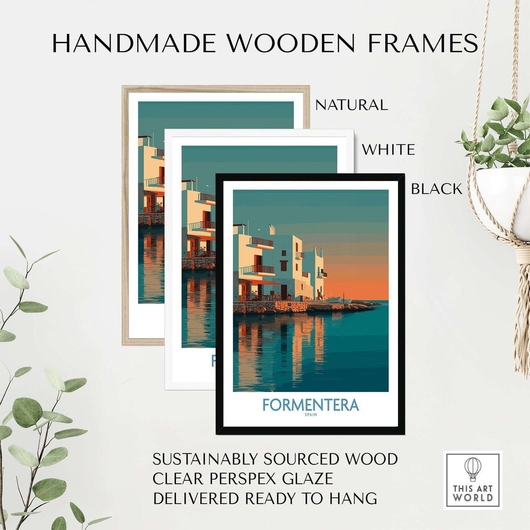 Formentera Spain Sunset White Houses Art Print | Balearic Island Poster with handmade wooden frames in natural, white, and black.
