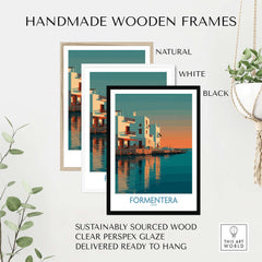 Formentera Spain Sunset White Houses Art Print | Balearic Island Poster shown in handmade wooden frames.