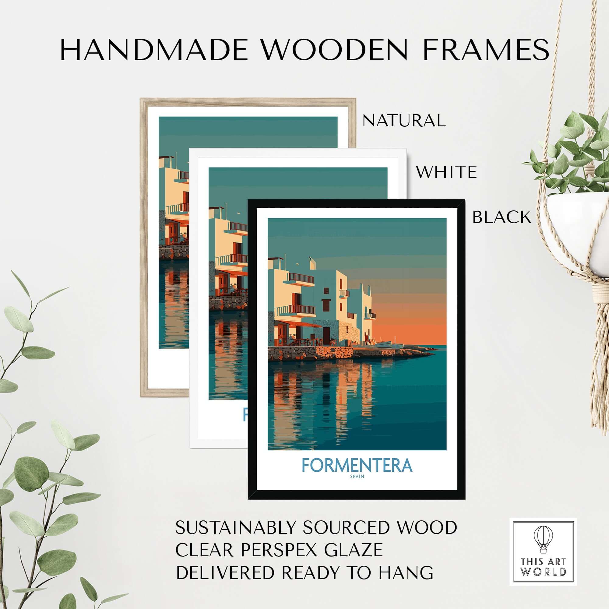 Formentera Spain Sunset White Houses Art Print | Balearic Island Poster shown in handmade wooden frames.