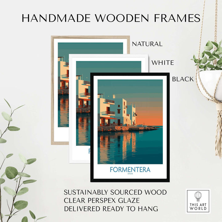 Formentera Spain Sunset White Houses Art Print | Balearic Island Poster with handmade wooden frames in natural, white, and black.