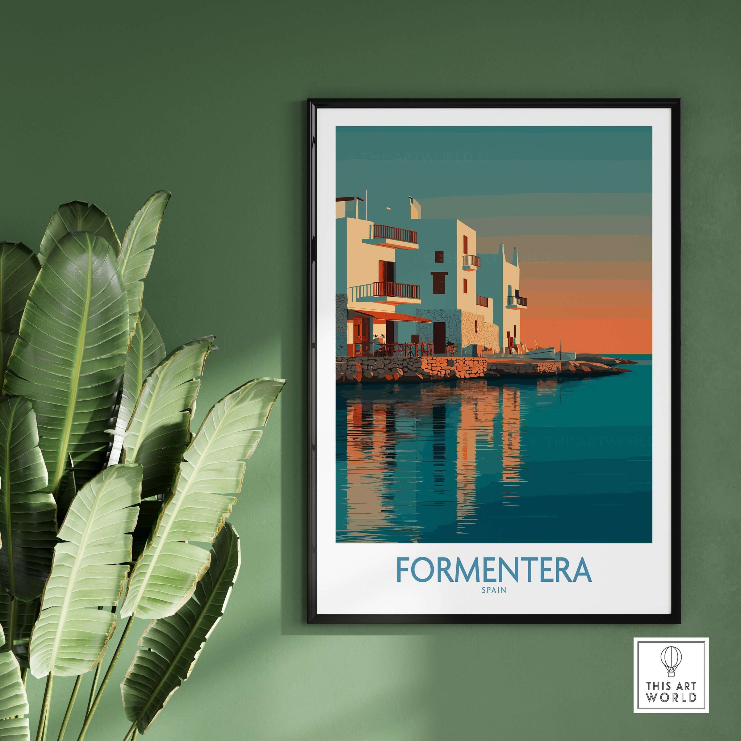Formentera Spain Sunset White Houses Art Print | Balearic Island Poster framed on green wall with palm leaves.