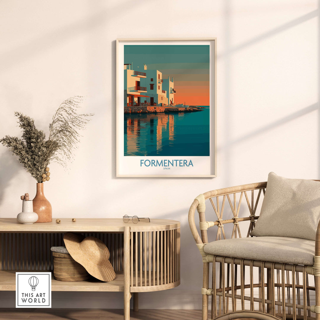 Formentera Spain Sunset White Houses Art Print | Balearic Island Poster displayed in a stylish living room setting.
