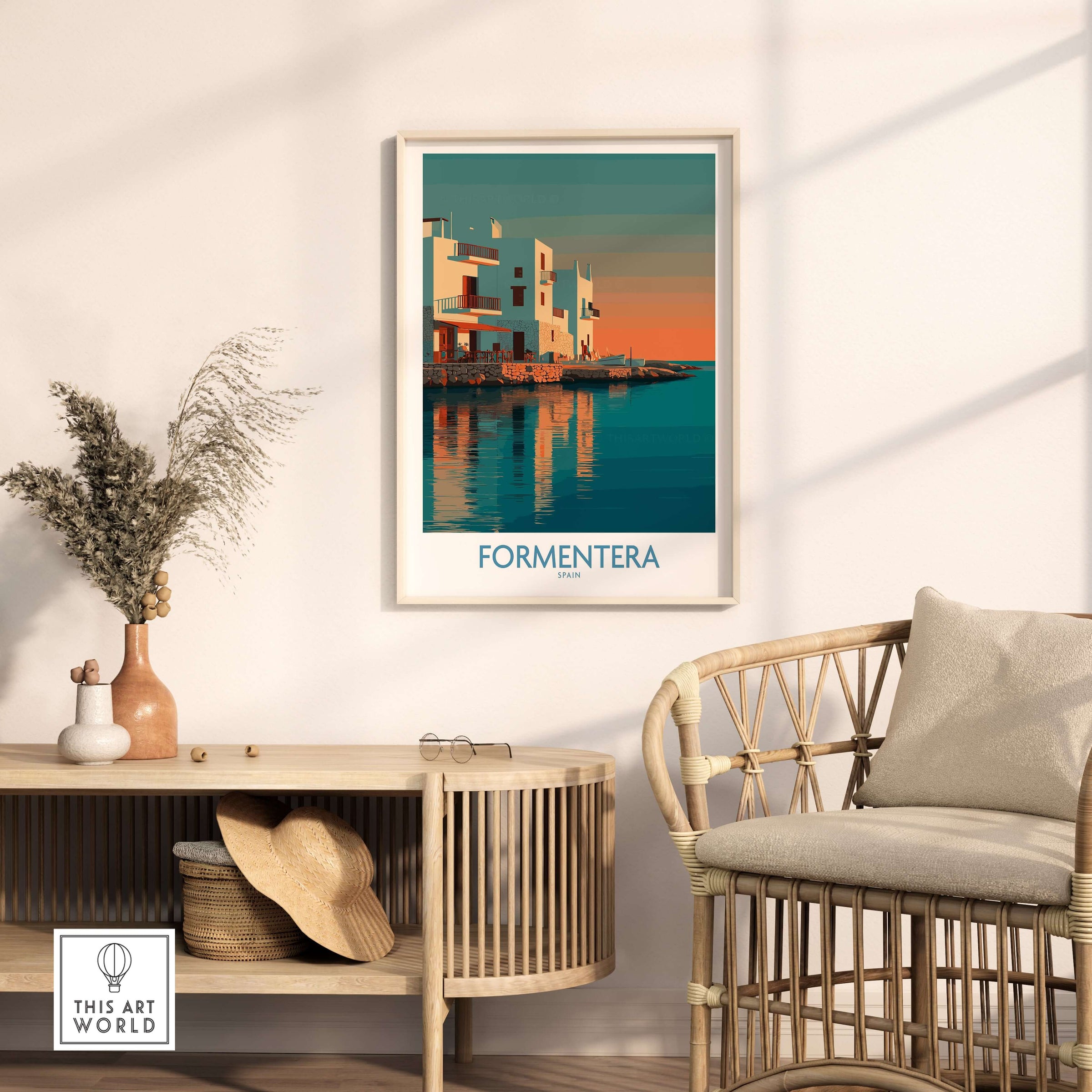 Formentera Spain Sunset White Houses Art Print | Balearic Island Poster displayed in a stylish interior setting.