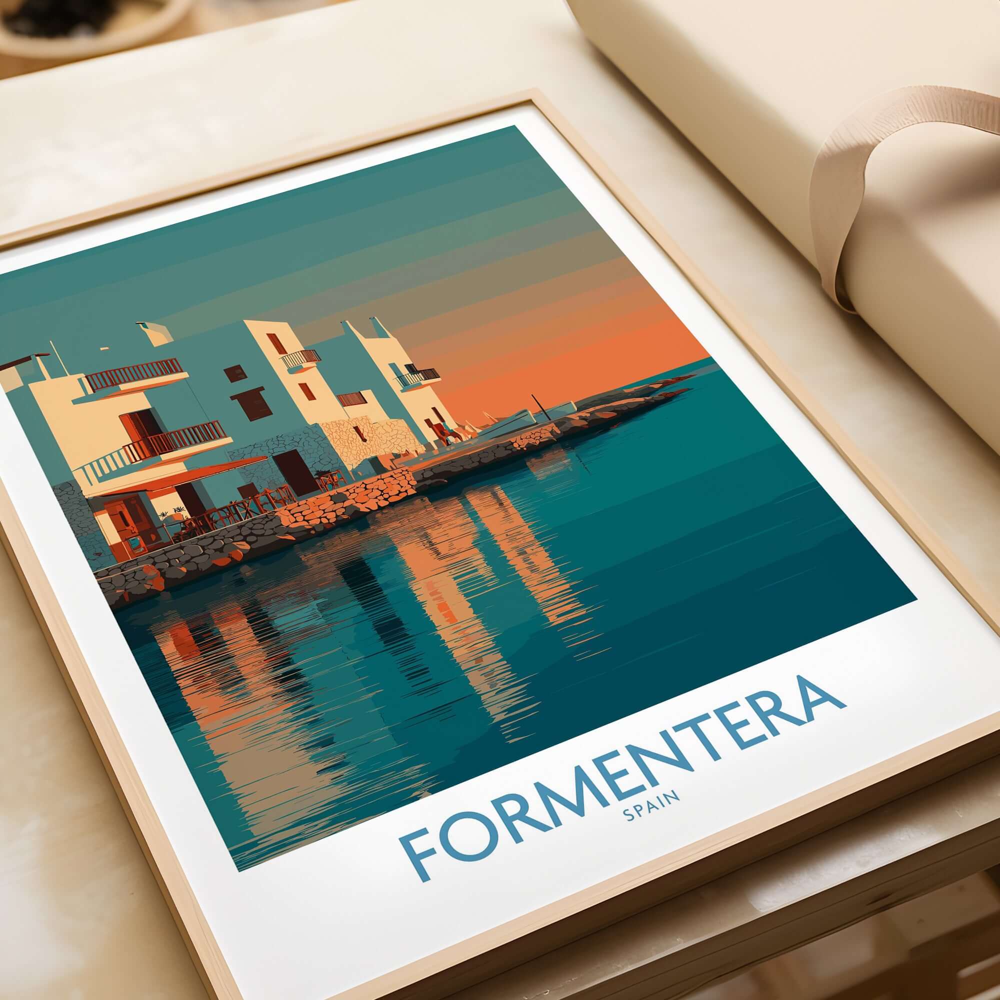 Formentera Spain Sunset White Houses Art Print | Balearic Island Poster framed on a table with warm sunset reflections.