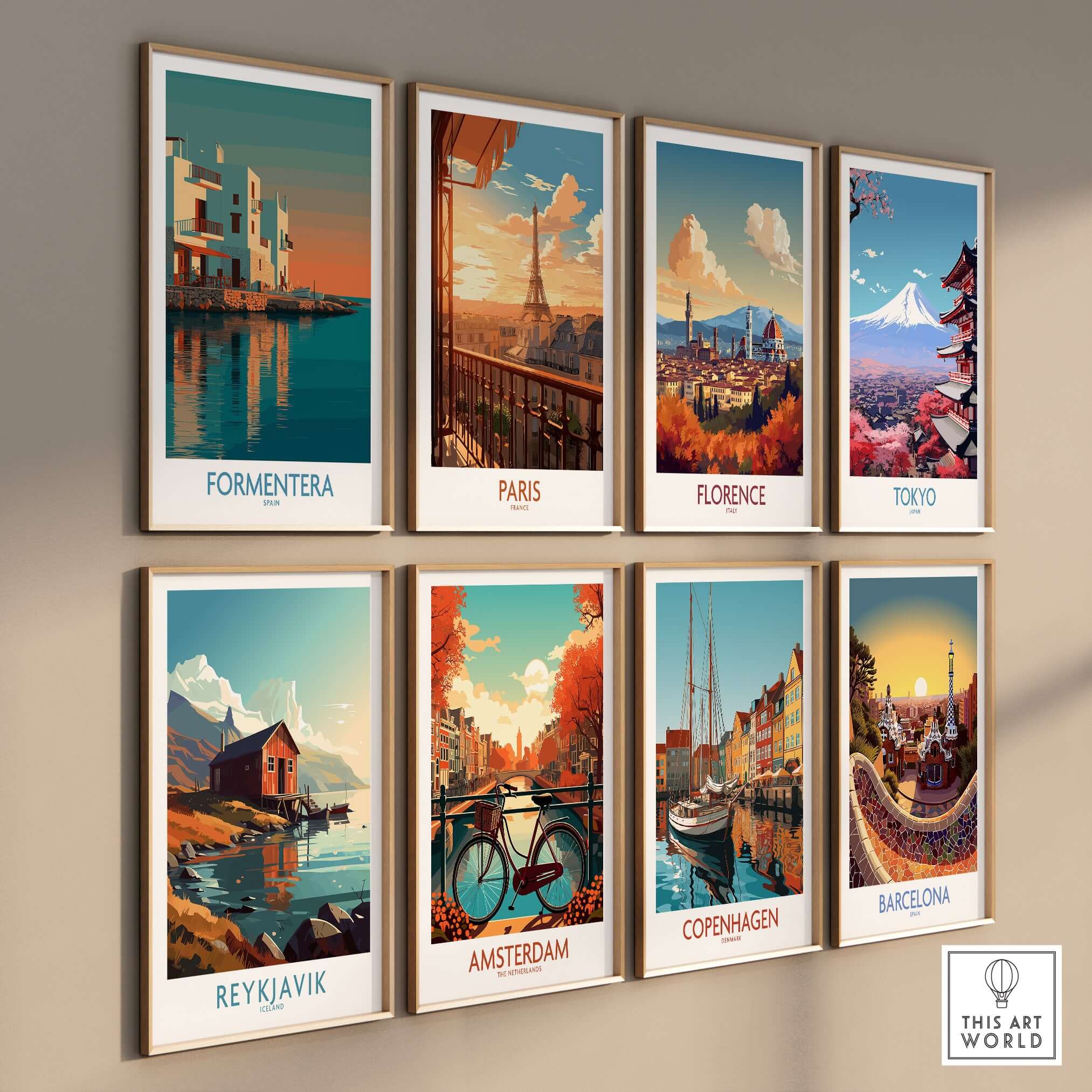 Formentera Spain Sunset White Houses Art Print | Balearic Island Poster on display among framed city art prints.