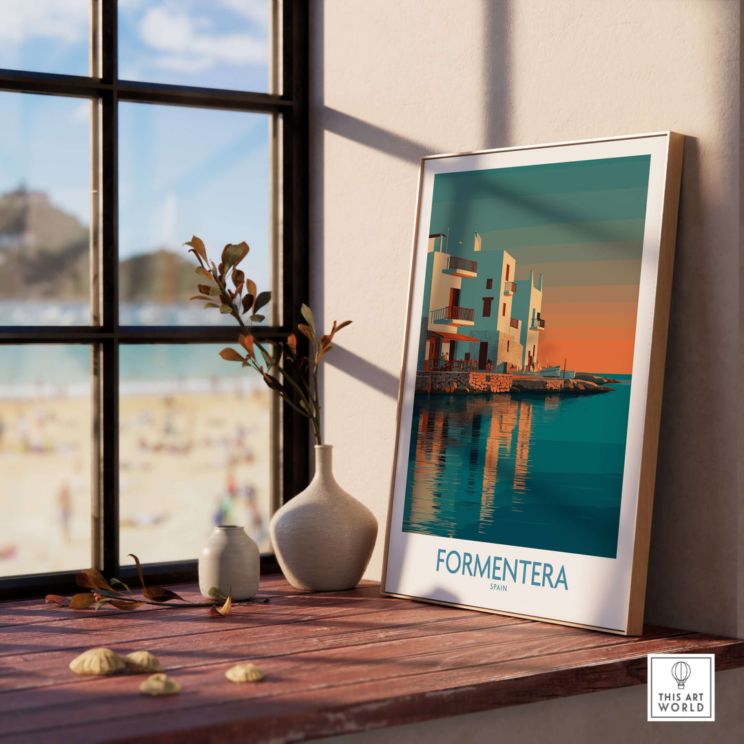 Formentera Spain Sunset White Houses Art Print | Balearic Island Poster displayed on a rustic table near a window.