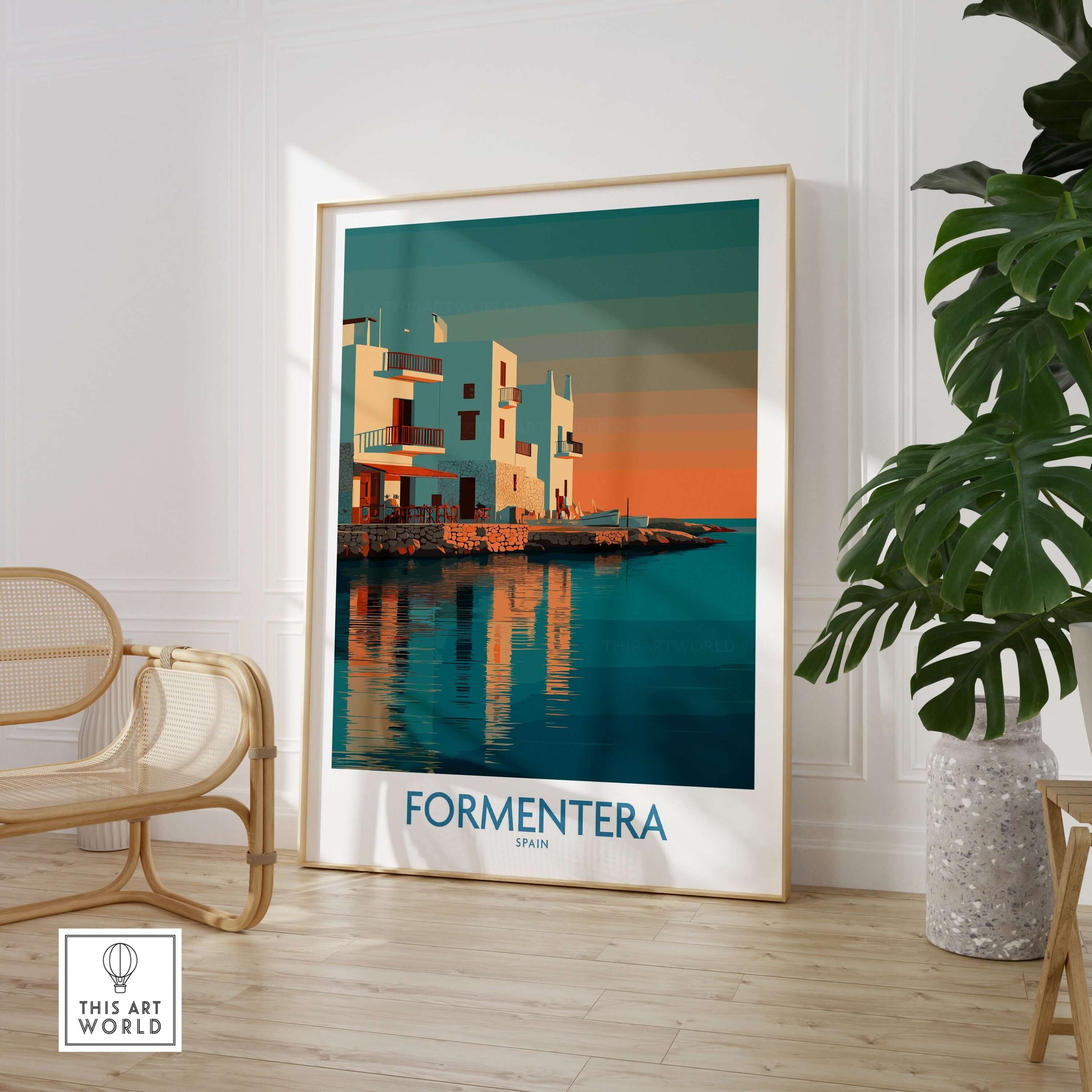 Formentera Spain Sunset White Houses Art Print | Balearic Island Poster displayed in a stylish interior with greenery.