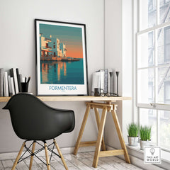 Formentera Spain Sunset White Houses Art Print | Balearic Island Poster displayed in modern interior decor.