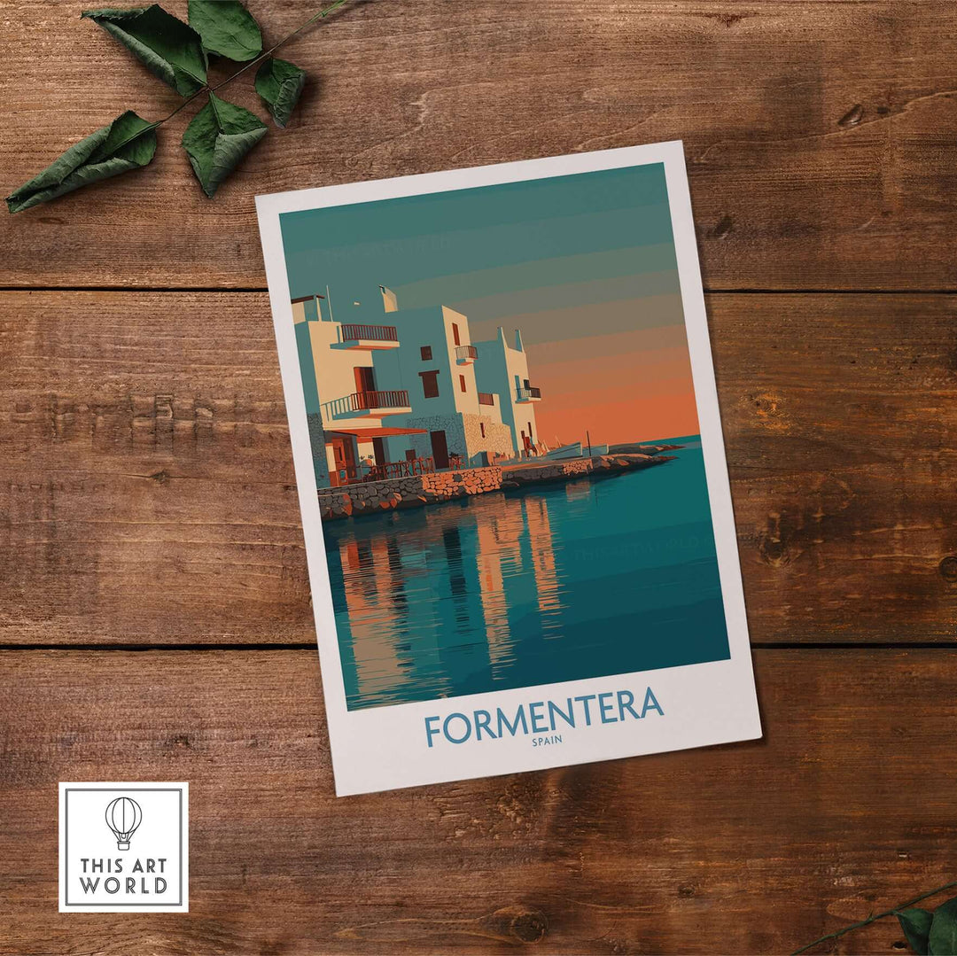 Formentera Spain Sunset White Houses Art Print | Balearic Island Poster showcasing iconic white houses reflecting on the water.