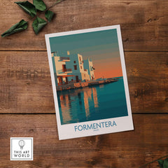Formentera Spain Sunset White Houses Art Print | Balearic Island Poster on wooden background