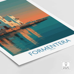 Formentera Spain Sunset White Houses Art Print | Balearic Island Poster featuring elegant white houses reflected in water.