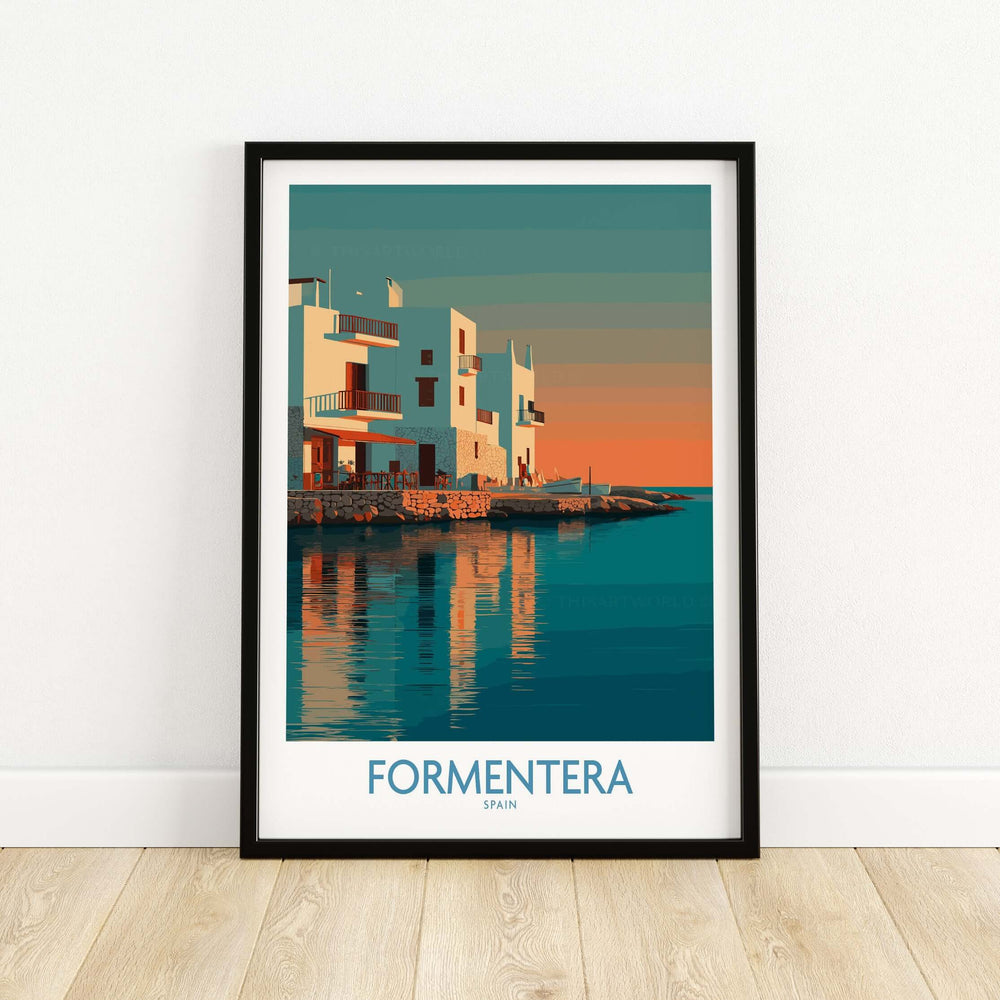 Formentera Spain Sunset White Houses Art Print | Balearic Island Poster showcasing serene waterfront and colorful sunset.