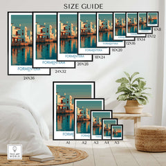 Formentera Spain Sunset White Houses Art Print | Balearic Island Poster size guide with various frame dimensions and a cozy living room setting.