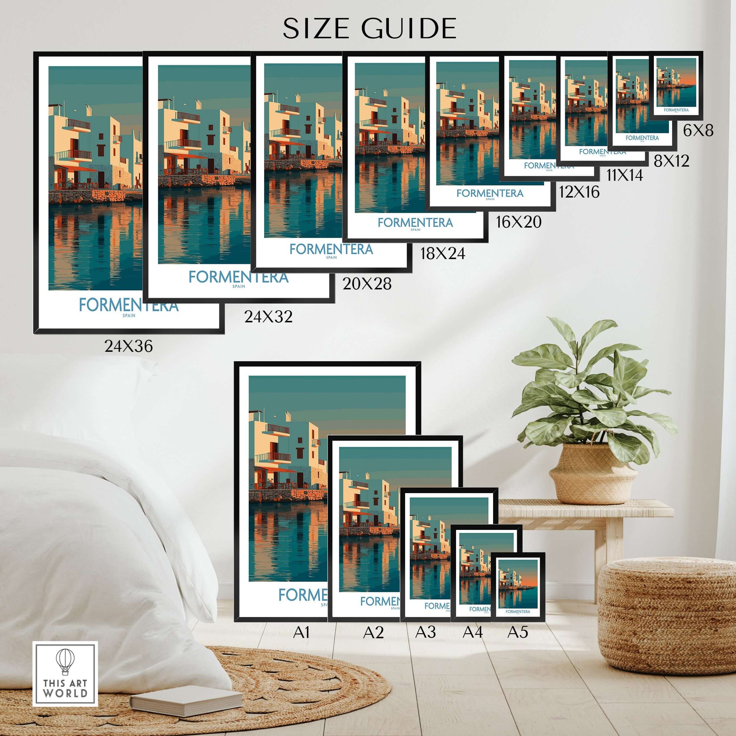 Formentera Spain Sunset White Houses Art Print | Balearic Island Poster size guide with various frame dimensions and a cozy living room setting.