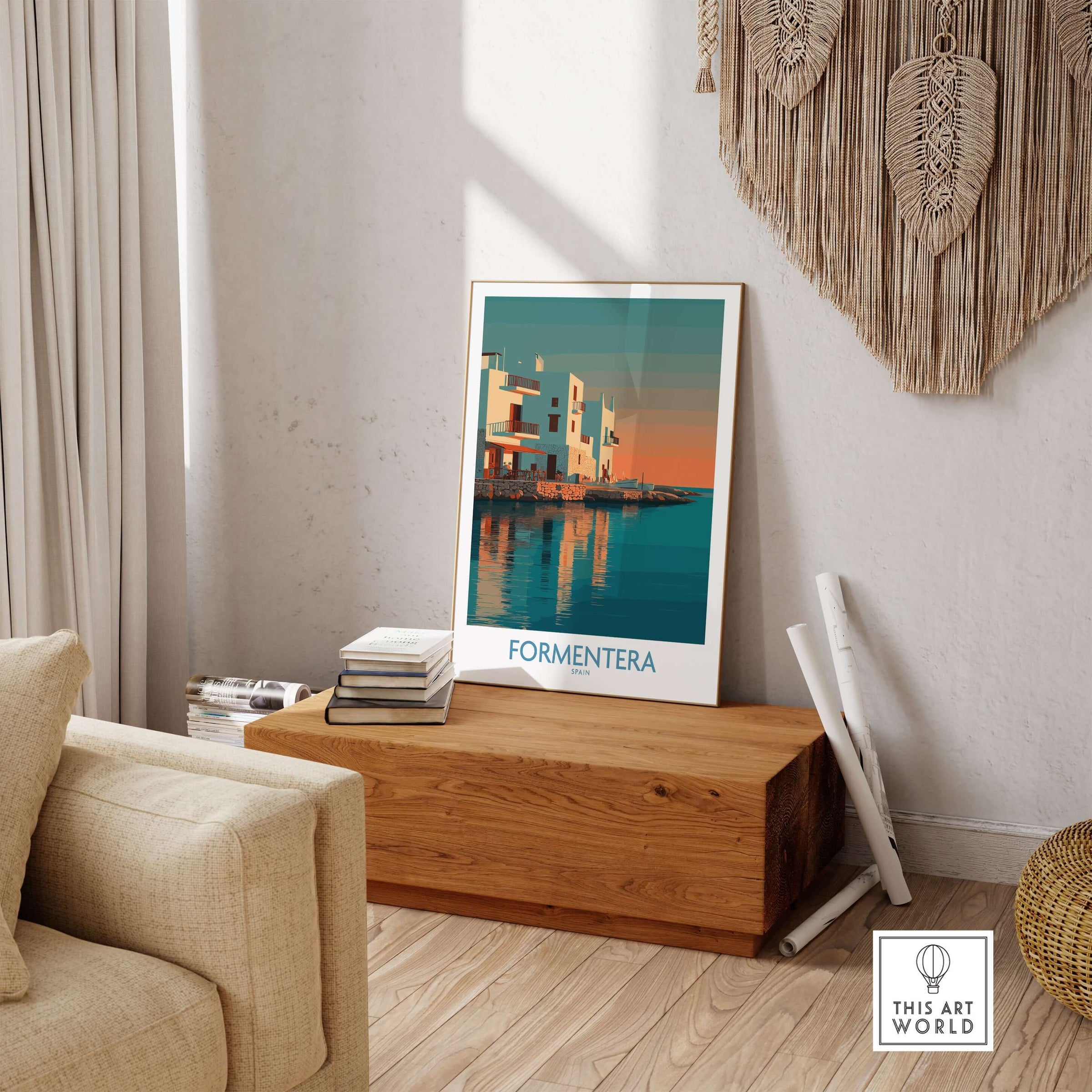 Formentera Spain Sunset White Houses Art Print | Balearic Island Poster displayed in a stylish living room.