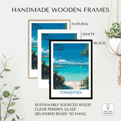 Formentera Spain Tropical Beach Art Print | Turquoise Water Sailing Poster framed in handmade wooden frames.