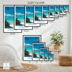 Formentera Spain Tropical Beach Art Print | Turquoise Water Sailing Poster size guide with various frame dimensions