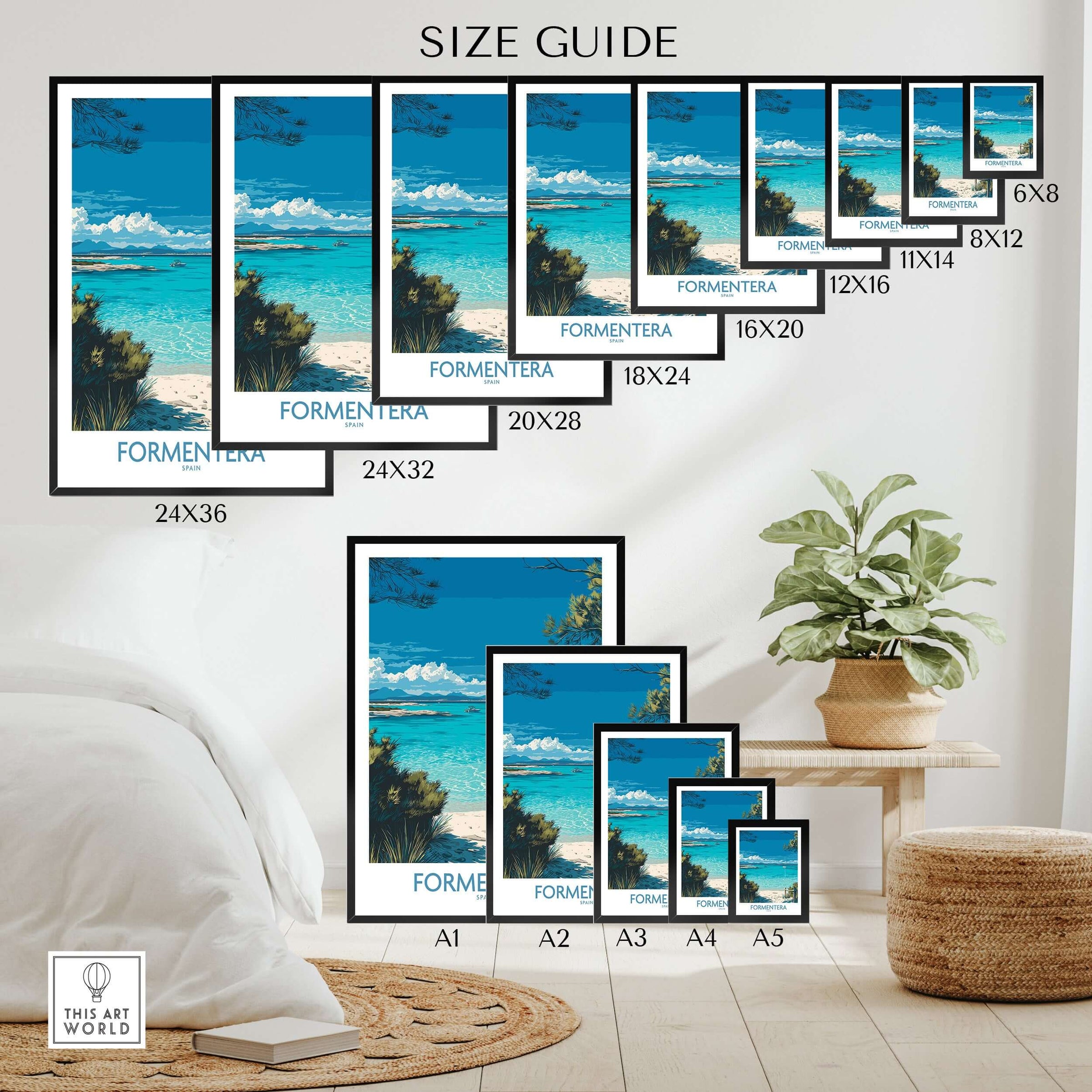 Formentera Spain Tropical Beach Art Print | Turquoise Water Sailing Poster size guide with various frame dimensions