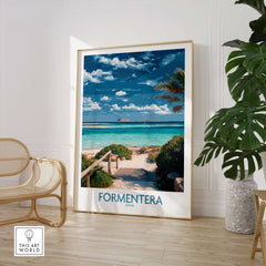 Formentera Spain Art Print | Tropical Beach Travel Poster showcasing a tropical beach scene with clear waters and vibrant colors.