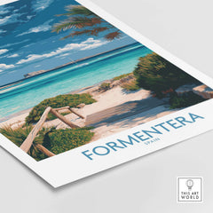 Formentera Spain Art Print | Tropical Beach Travel Poster featuring a serene beach landscape with clear waters.