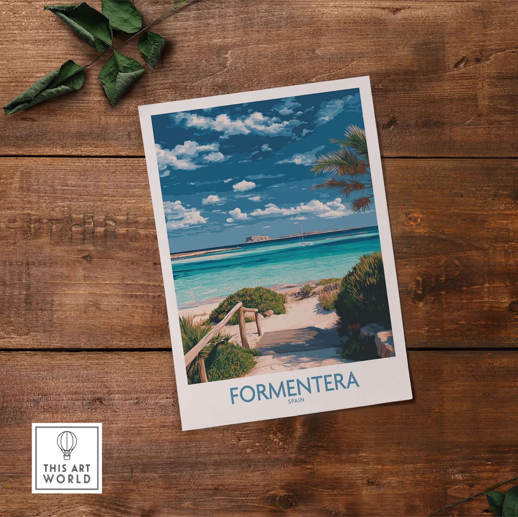 Formentera Spain Art Print | Tropical Beach Travel Poster showcasing a vibrant beach scene with palm trees and blue skies.