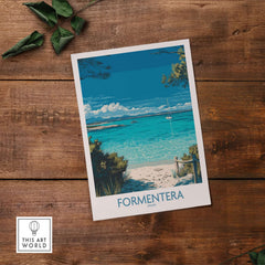 Formentera Spain Tropical Beach Art Print | Turquoise Water Sailing Poster on a wooden surface.