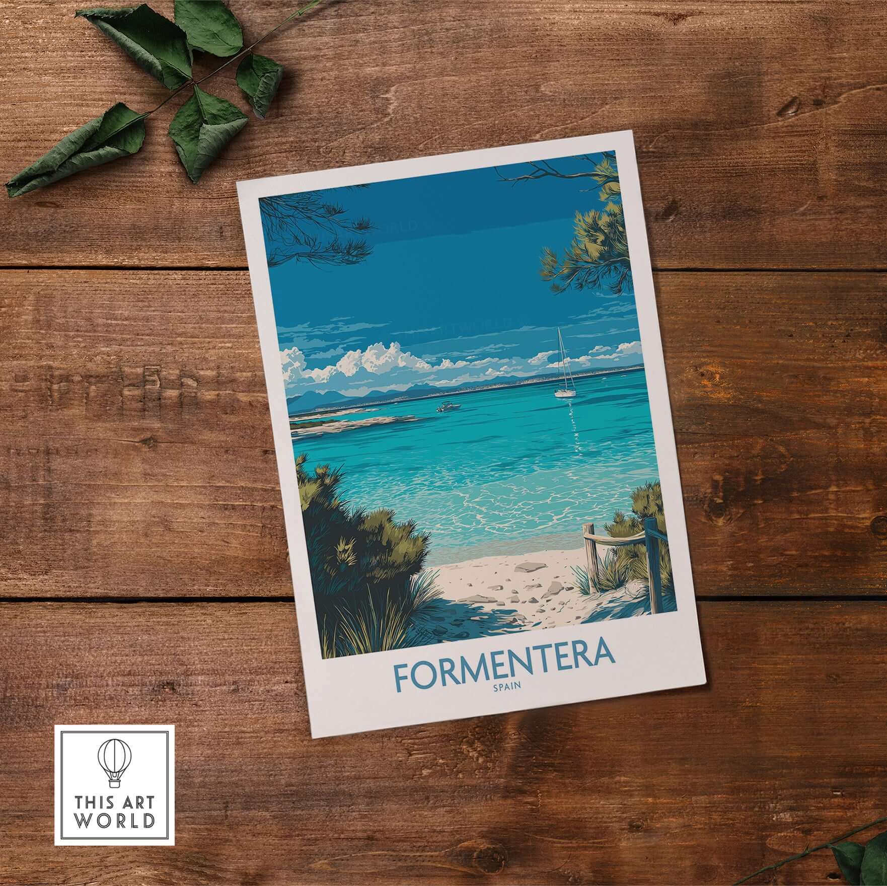 Formentera Spain Tropical Beach Art Print | Turquoise Water Sailing Poster on a wooden surface.