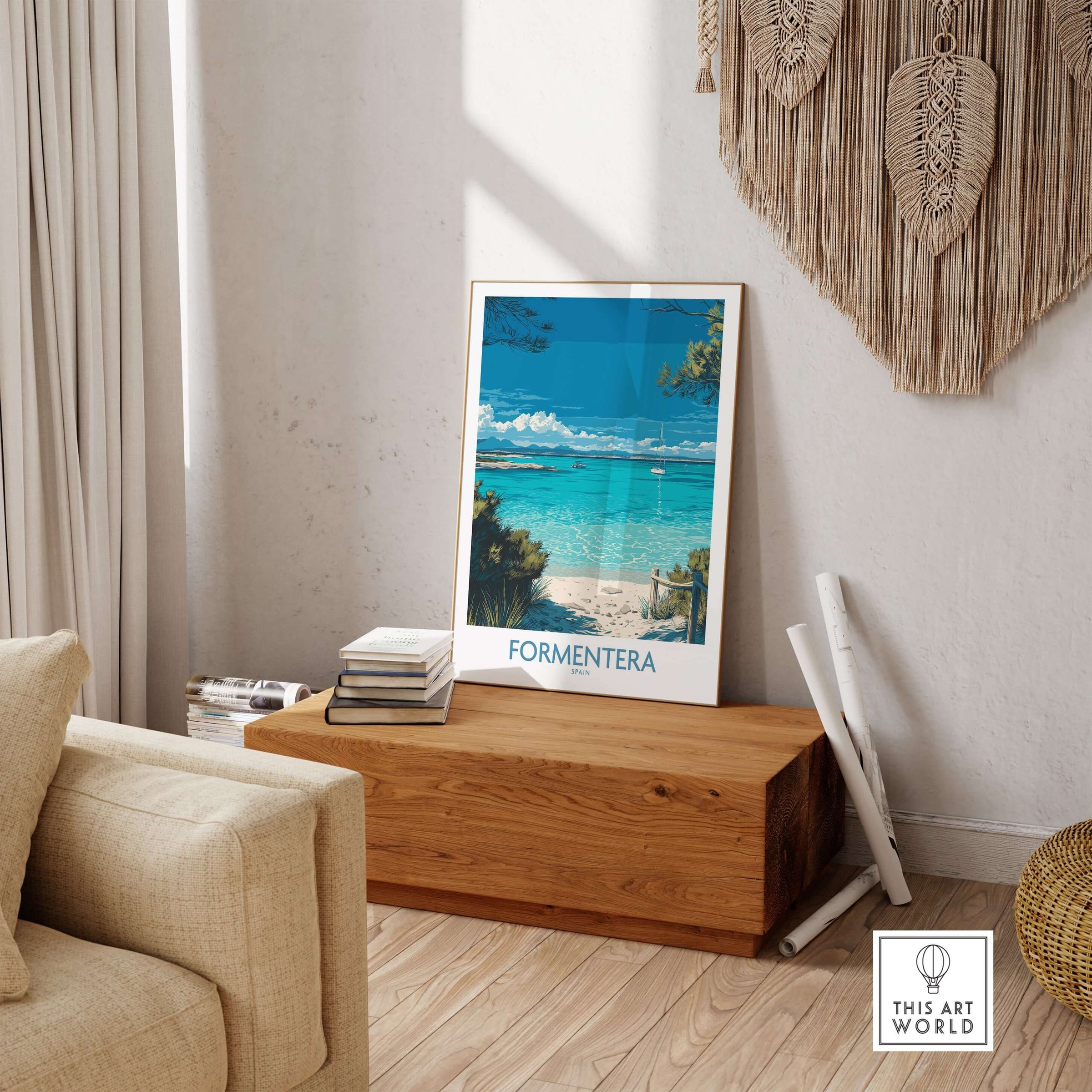 Formentera Spain Tropical Beach Art Print | Turquoise Water Sailing Poster displayed in a modern living room.