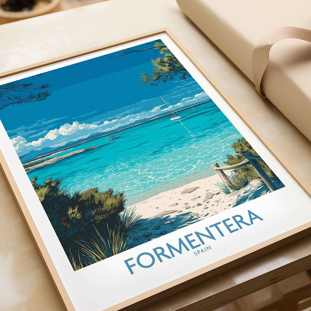 Formentera Spain Tropical Beach Art Print | Turquoise Water Sailing Poster showcasing turquoise waters and a sailboat.