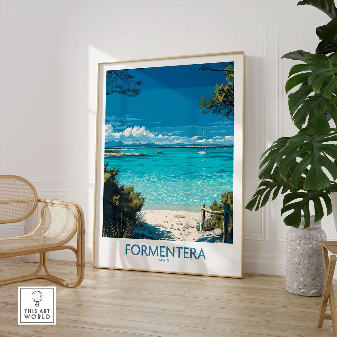Formentera Spain Tropical Beach Art Print | Turquoise Water Sailing Poster displayed in a stylish interior setting.