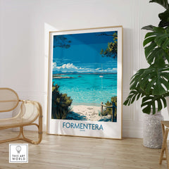 Formentera Spain Tropical Beach Art Print | Turquoise Water Sailing Poster displayed in a stylish interior setting.