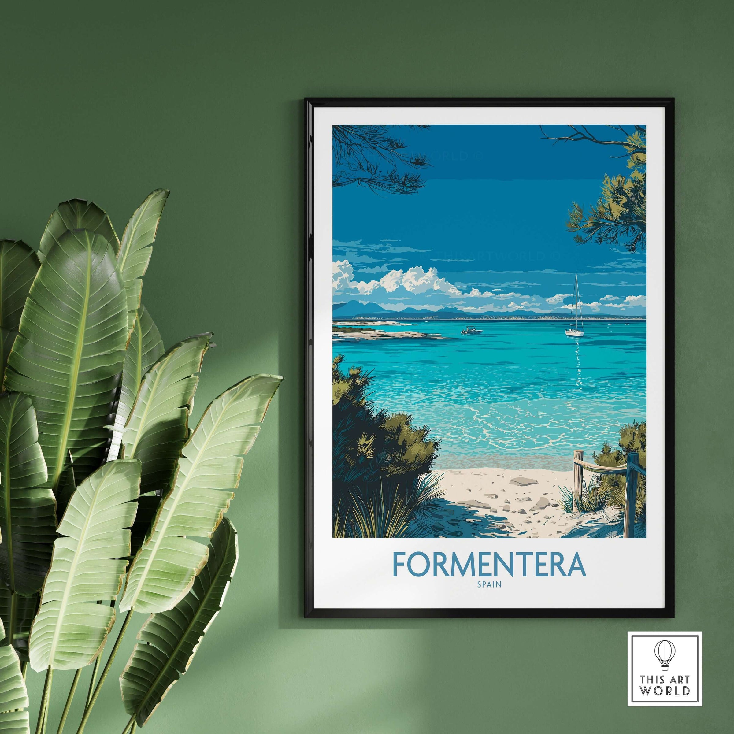 Formentera Spain Tropical Beach Art Print | Turquoise Water Sailing Poster featuring turquoise waters and a sailboat.