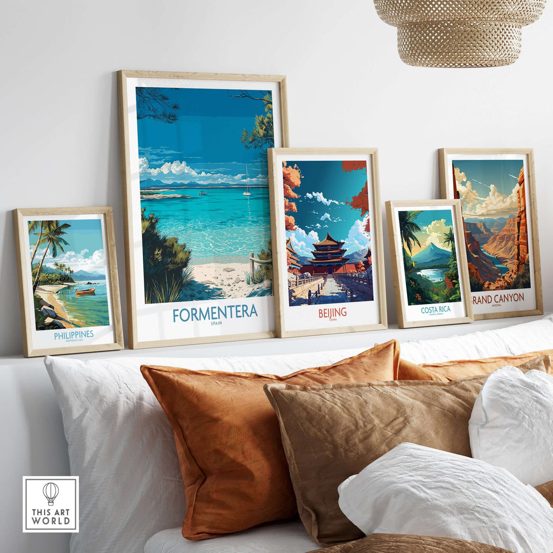 Formentera Spain Tropical Beach Art Print | Turquoise Water Sailing Poster displayed among framed travel posters.