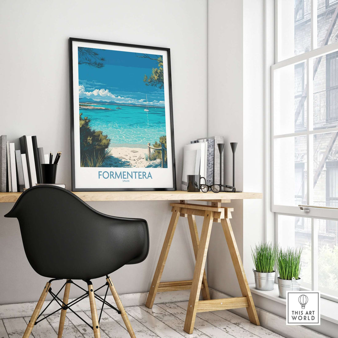 Formentera Spain Tropical Beach Art Print | Turquoise Water Sailing Poster in a stylish office setting.