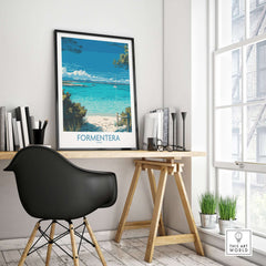 Formentera Spain Tropical Beach Art Print | Turquoise Water Sailing Poster displayed in a stylish workspace