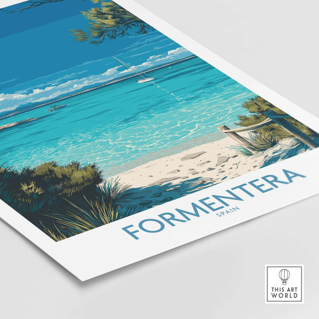 Formentera Spain Tropical Beach Art Print | Turquoise Water Sailing Poster with picturesque coastal view.