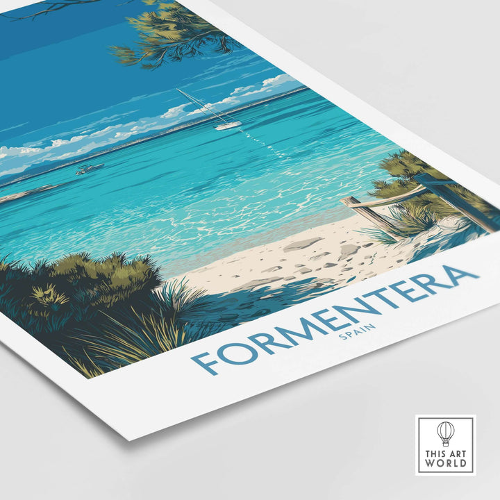 Formentera Spain Tropical Beach Art Print | Turquoise Water Sailing Poster with picturesque coastal view.
