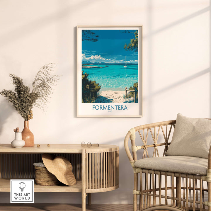 Formentera Spain Tropical Beach Art Print | Turquoise Water Sailing Poster displayed in a stylish living room.