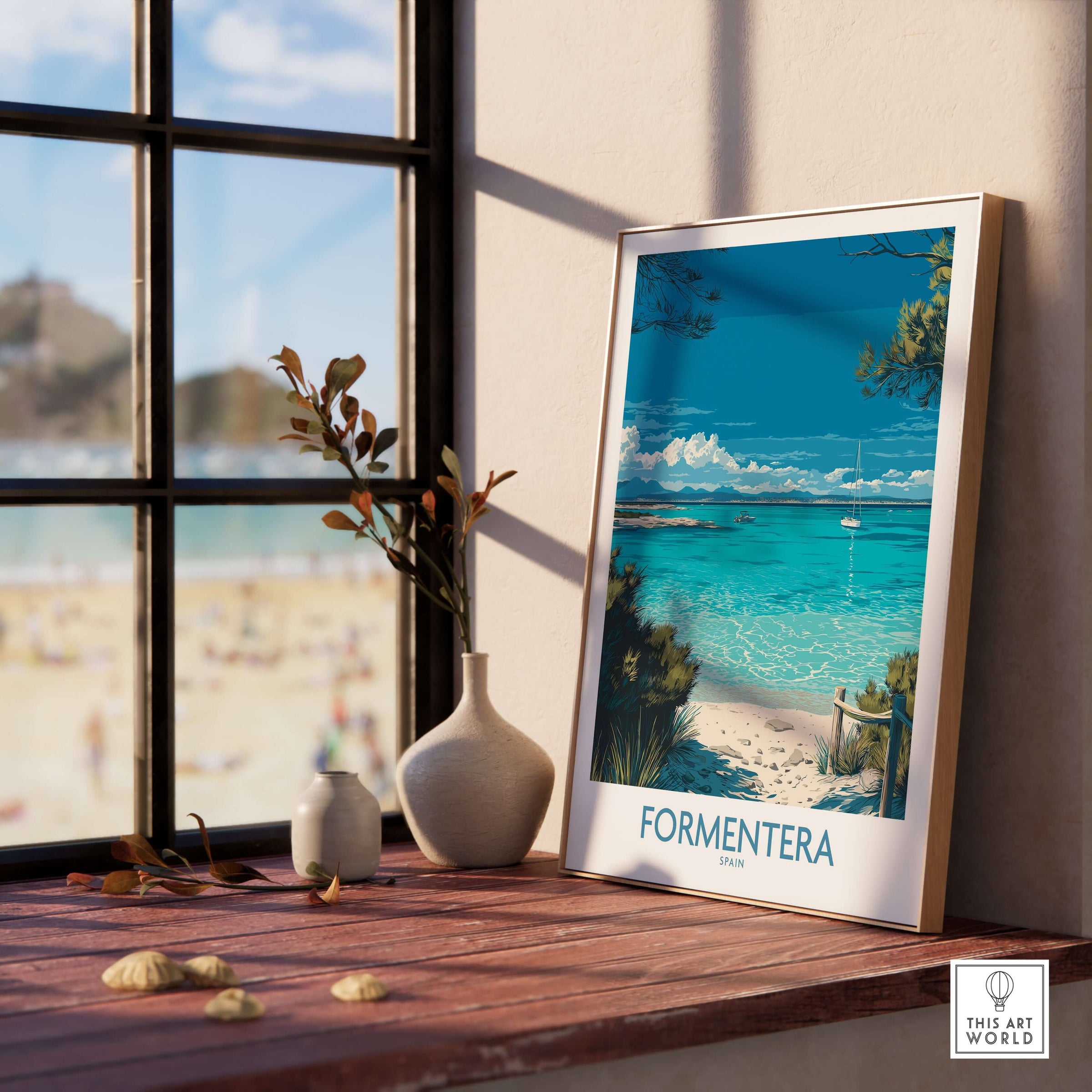 Formentera Spain Tropical Beach Art Print | Turquoise Water Sailing Poster framed on a table by a sunny window.