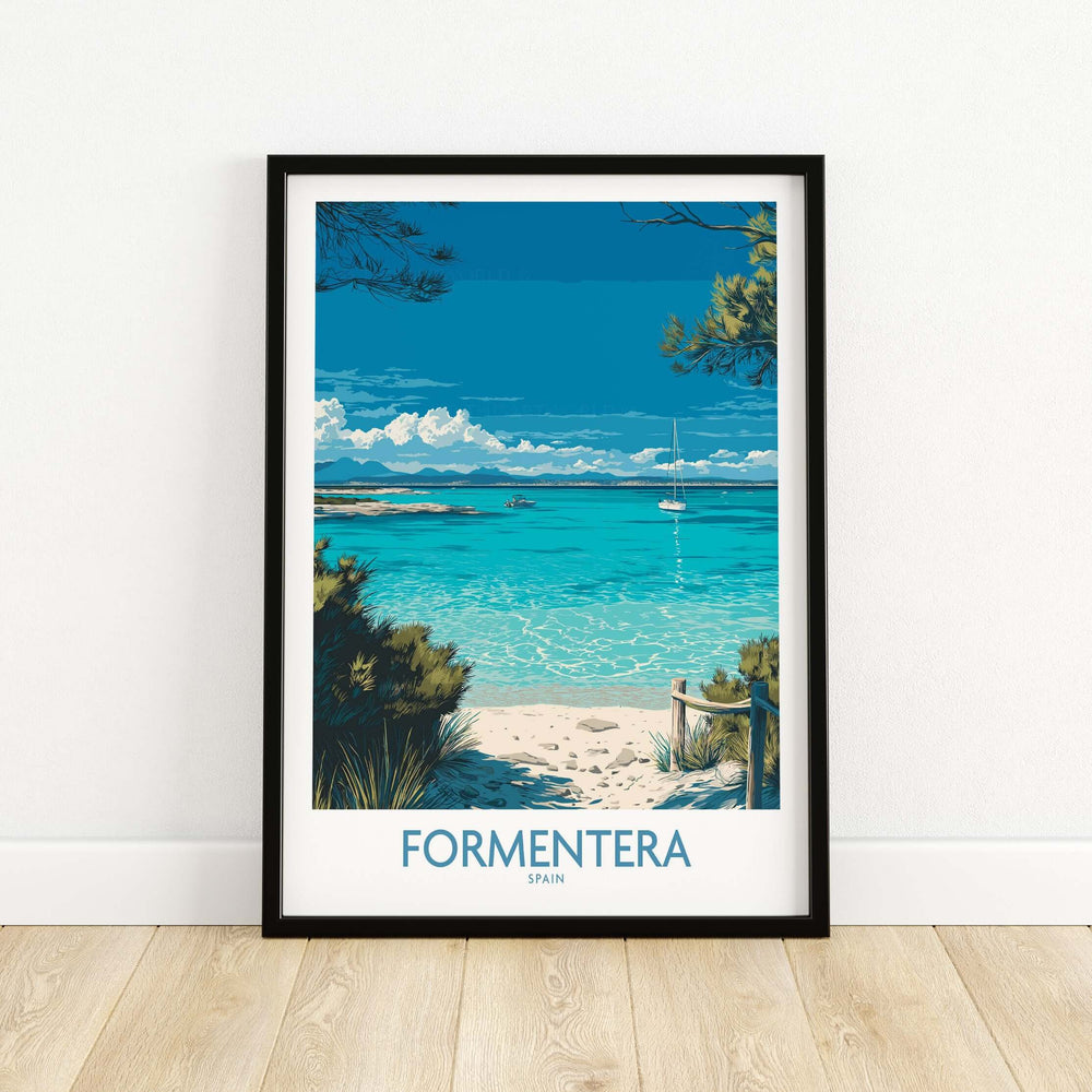 Formentera Spain Tropical Beach Art Print | Turquoise Water Sailing Poster framed art featuring crystal-clear waters and a sailboat.