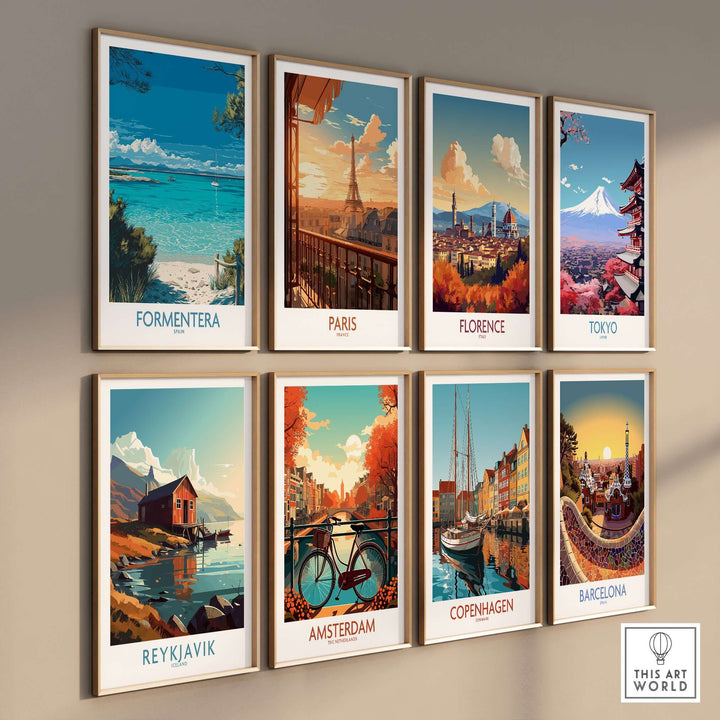 Formentera Spain Tropical Beach Art Print | Turquoise Water Sailing Poster displayed among various travel art prints.