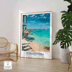 Formentera Spain Turquoise Water Art Print | Balearic Island Beach Poster displayed in a modern living room.